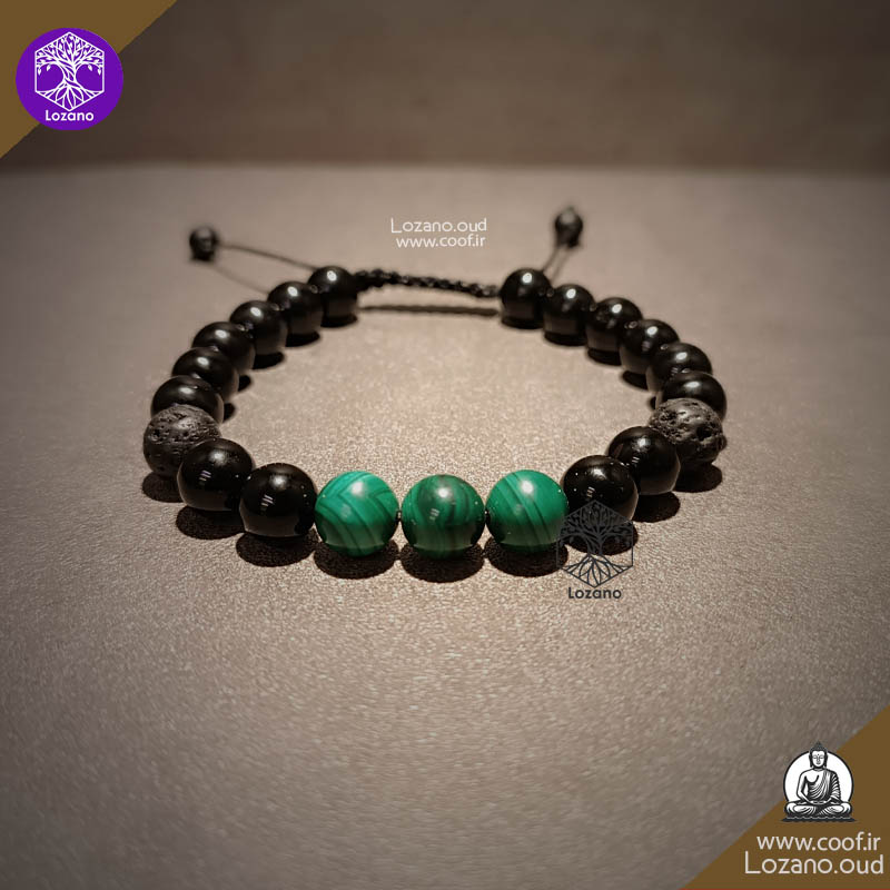 دستبند مالاکیت، اونیکس و لاوا با خواص جذب ثروت، محافظت انرژی و آرامش روان - www.coof.ir -فروشگاه عود کوف
