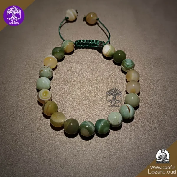 دستبند عقیق سبز ماداگاسکار با مهره گبری مناسب چاکرای قلب و آرامش احساسی-www.coof.ir-فروشگاه عود کوف