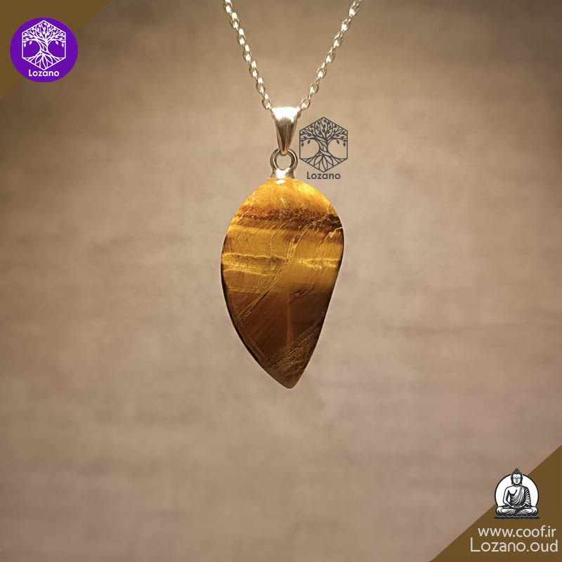 مدال برگی سنگ چشم ببر قهوه‌ای طلایی با زنجیر، مناسب برای شجاعت، تمرکز و جذب ثروت - www.coof.ir -فروشگاه عود کوف